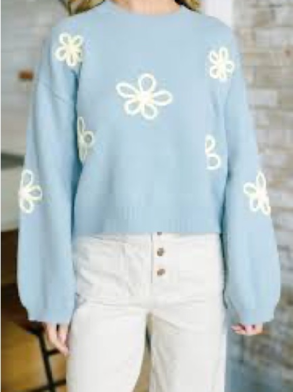 Listicle Blue Crewneck Sweater with Yellow Floral Appliqués